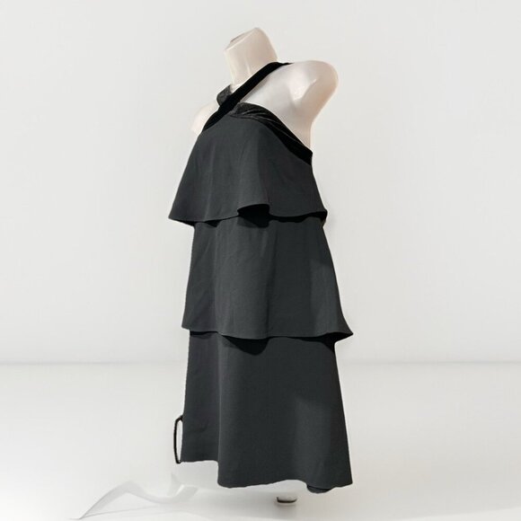 Ann Taylor Black Velvet Trim Tiered Cross Neck Midi Dress Size 6 Wedding Guest - Picture 3 of 9